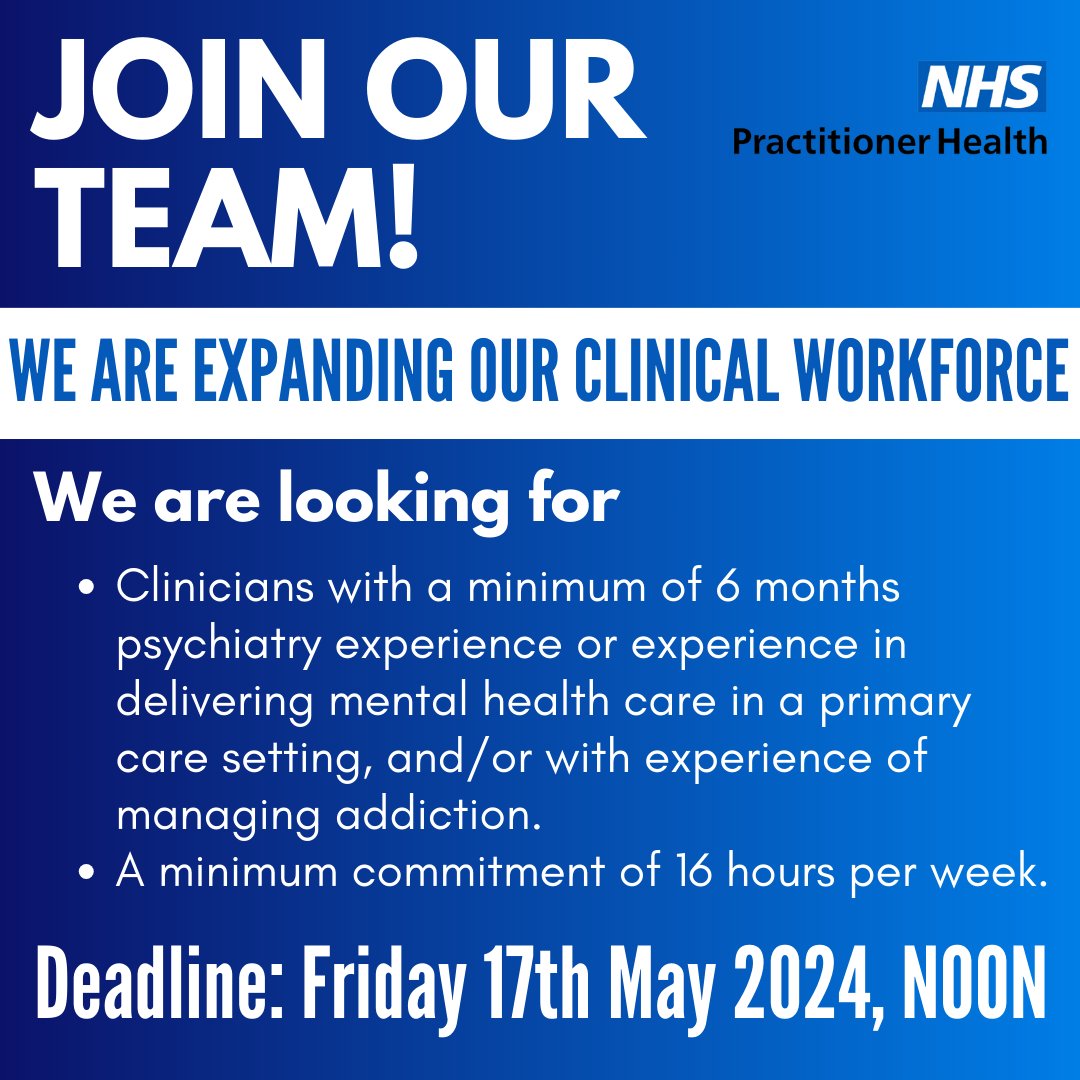 The deadline to apply to be a clinician for Practitioner Health is this Friday at noon! Apply here: practitionerhealth.nhs.uk/nhs-clinician #NHSPractitionerHealth