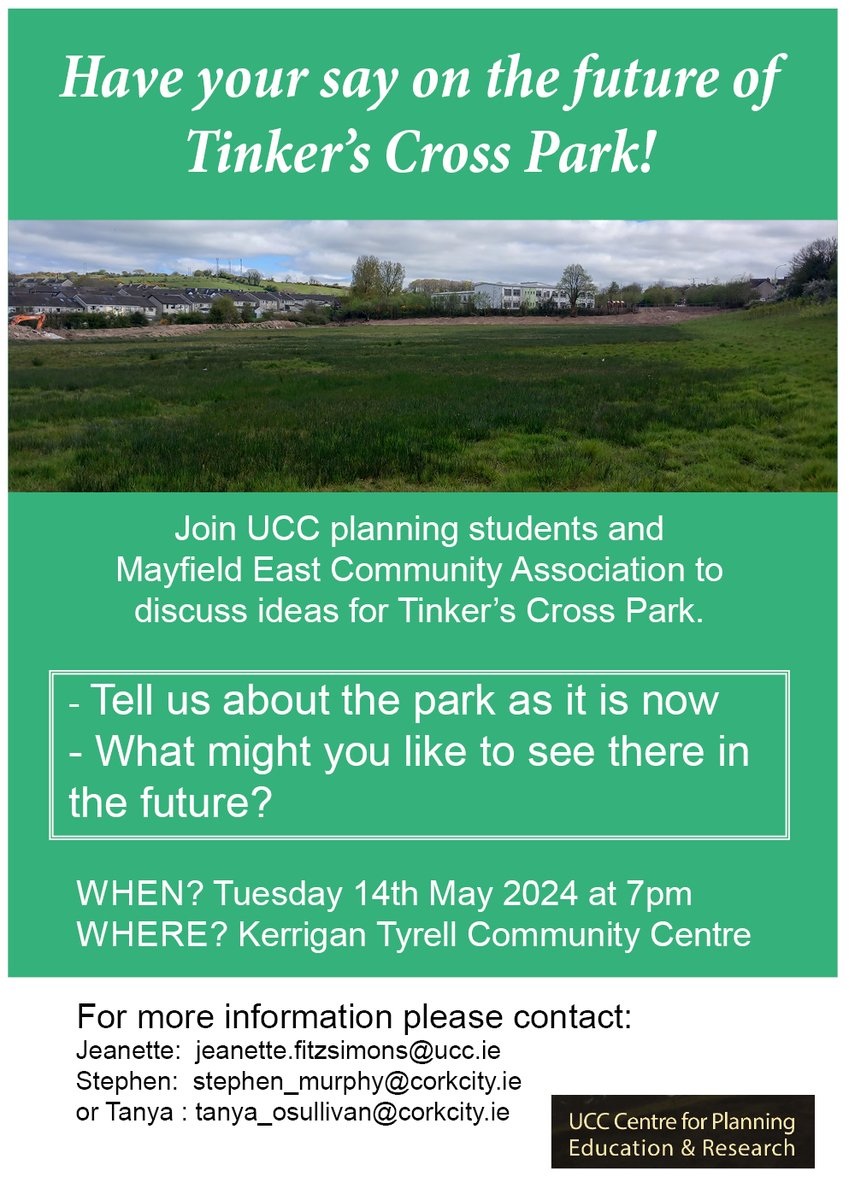 UCC Arts, Celtic Studies and Social Sciences (@cacsss1) on Twitter photo Have your say on the future of Tinker's Cross Park
Join UCC Planning students and Mayfield East Community Association tomorrow at 7pm.
All welcome. <a href="/CorkHealthyCity/">Cork Healthy Cities</a> Have your say on the future of Tinker's Cross Park
Join UCC Planning students and Mayfield East Community Association tomorrow at 7pm.
All welcome. <a href="/CorkHealthyCity/">Cork Healthy Cities</a>