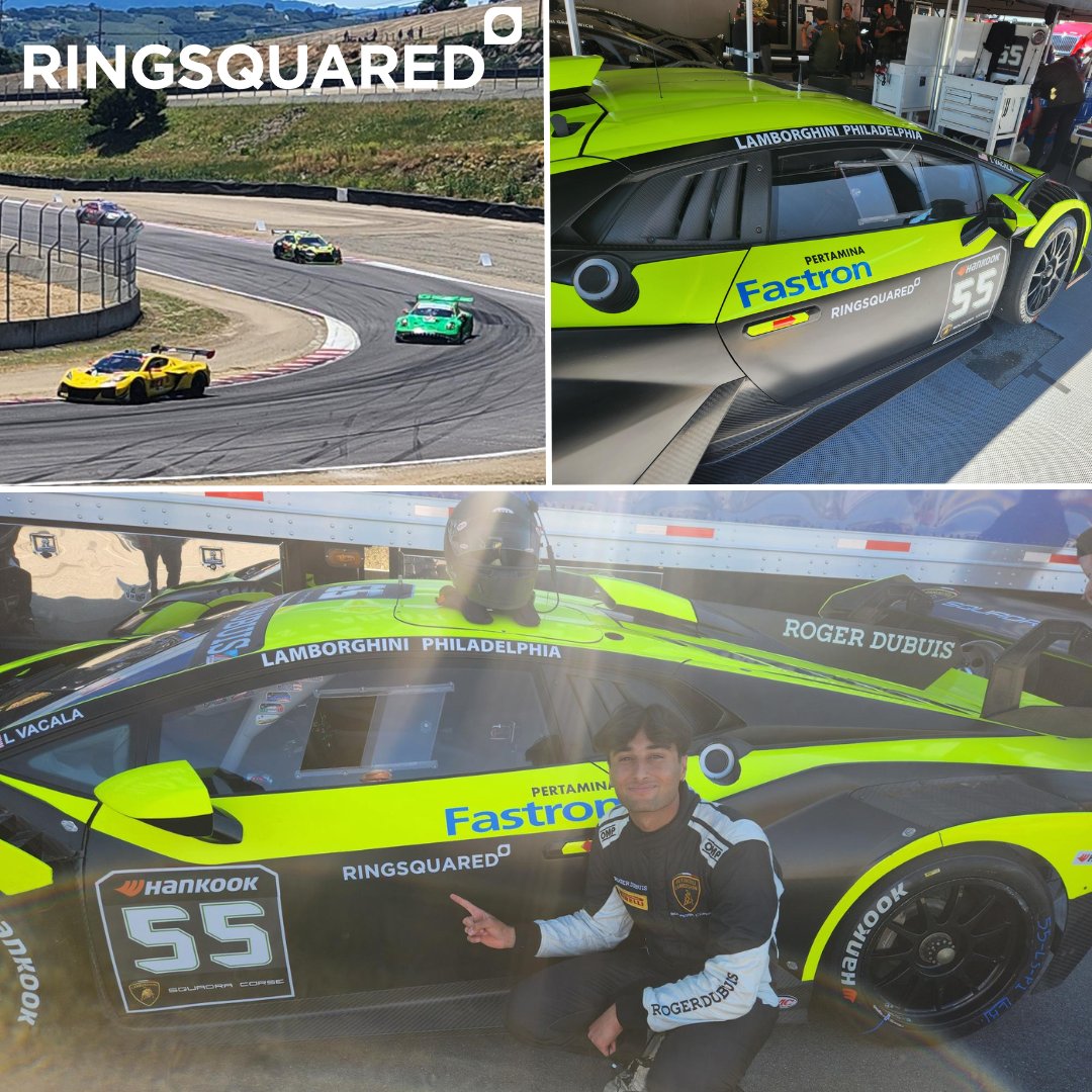 ringsquared's tweet photo. Great racing at @WeatherTechRcwy for @IMSA Motul Course de Monterey. Keawn Tandon showed off his new logo &amp; congrats to partner Nate Cicero for 3rd in the @MazdaMX5Cup! #RingSquared #IMSA #MotulCoursedeMonterey #WeatherTechRaceway #LagunaSeca #IMSApartners #Lamborghini #MX5Cup https://t.co/jHSWwp5gEl