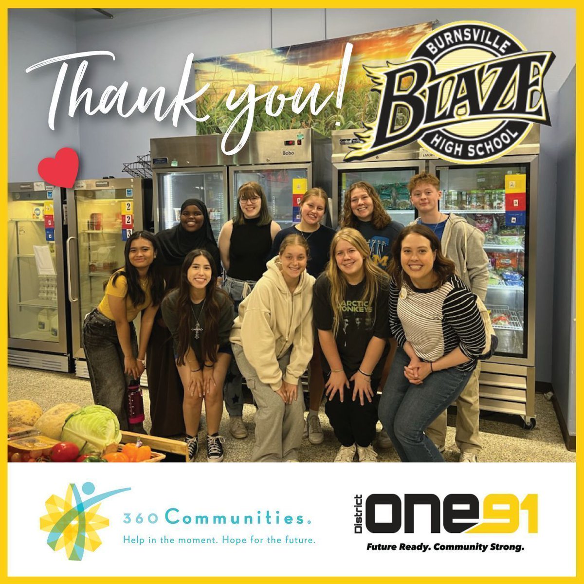 360Communities's tweet photo. On Friday, a group of nine @BurnsvilleHS Juniors and Seniors from the Burnsville Strong Leadership Development Group visited our Burnsville Food Shelf. They worked hard cleaning, dusting & mopping! Great work #BurnsvilleStrong! ❤️
#HelpInTheMoment #HopeForTheFuture #VisionOne91 https://t.co/83iCI7lh7z