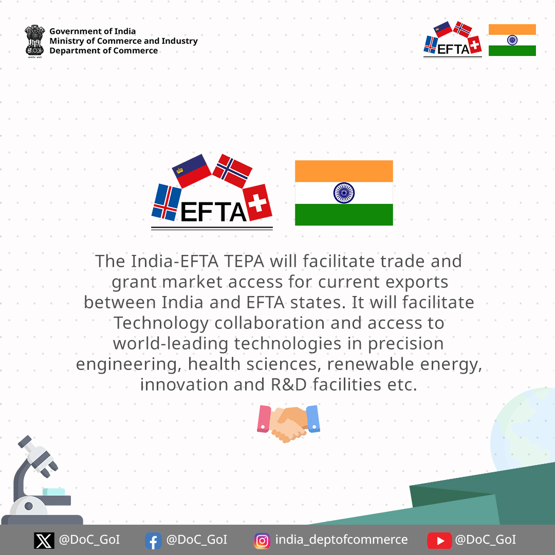 Exploring trade and technology partnerships through India-EFTA TEPA, facilitating access to precision engineering, renewable energy, and more. 🌍🔧 #TechTrade #DoC_GoI