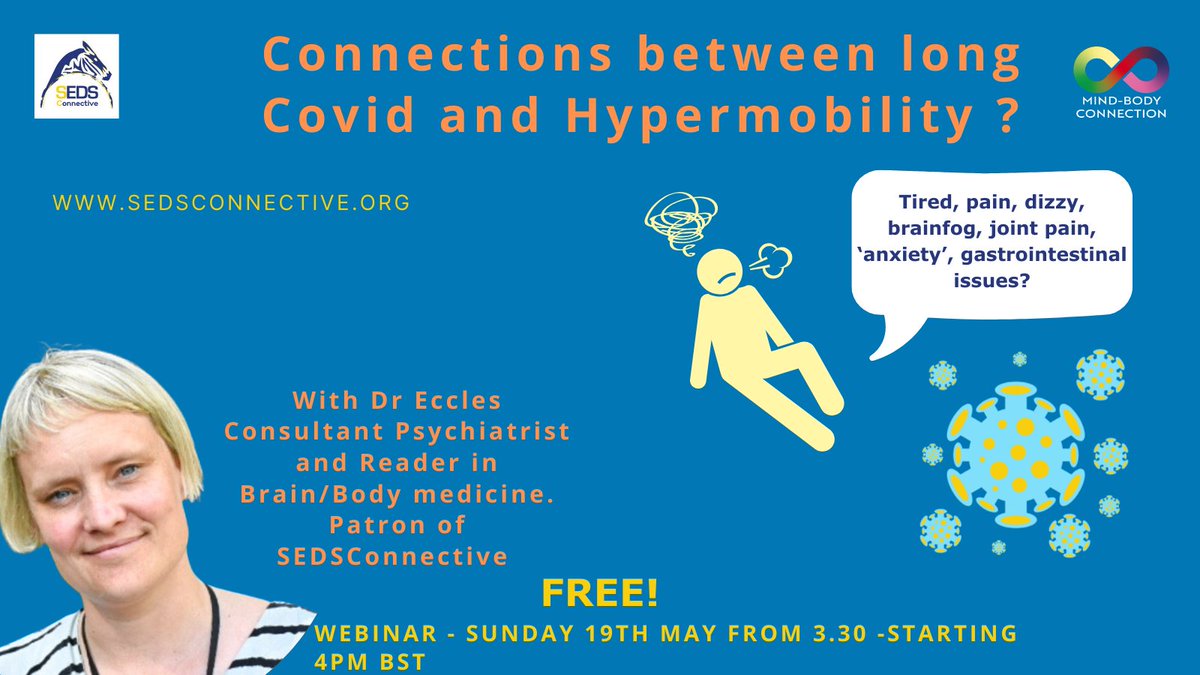 Following recent publications in BMJMedical & press we are delighted to have Dr J Eccles' talk on #longCovid & #hypermobility connections. Questions welcomed! FREE on reg. Sunday 19th May from 3.30pm BST ➡️sedsconnective.org/membership ➡️bit.ly/3QkqoEF #EDS #HSD #Connective