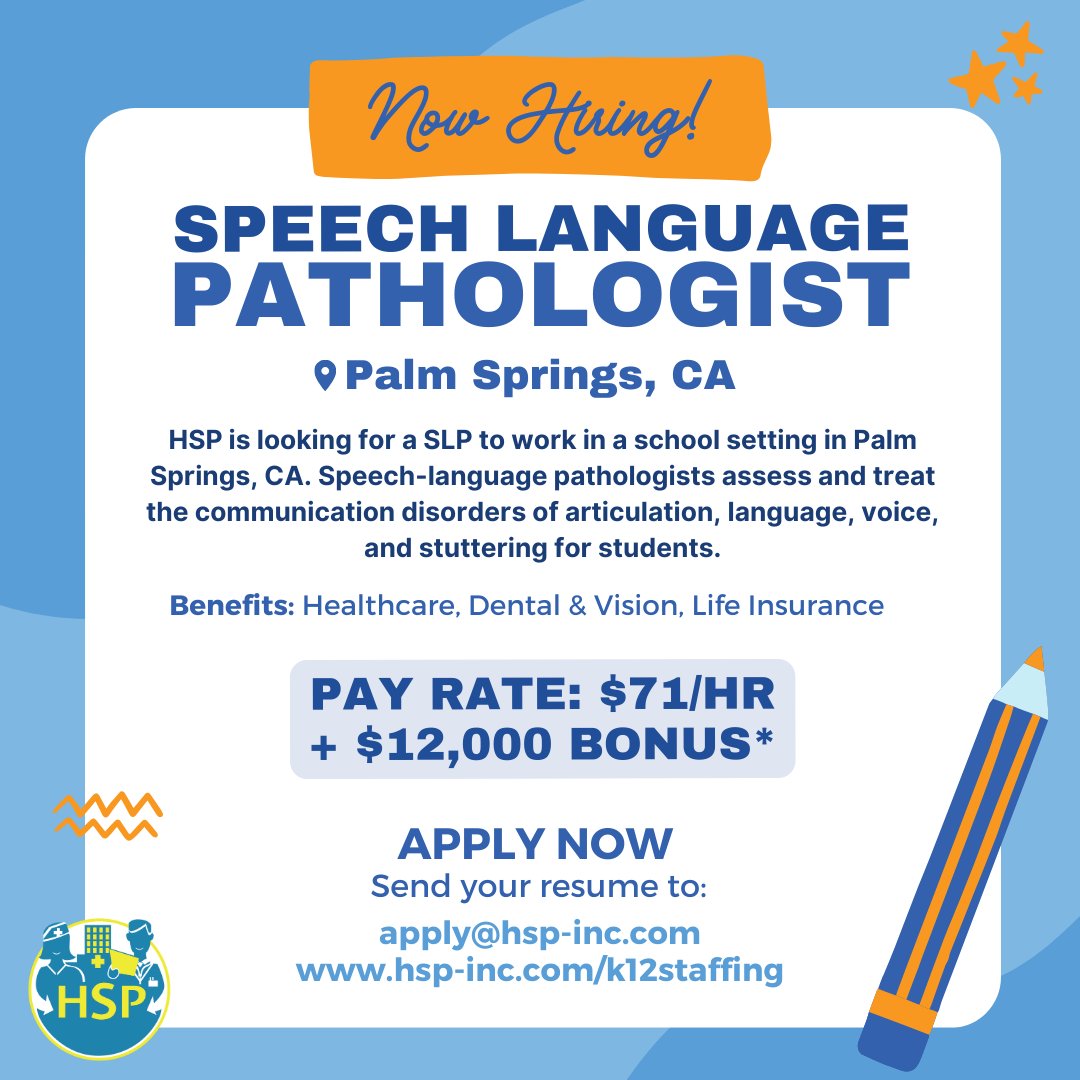 Exciting Opportunity for SLPs!🌴 Enjoy a competitive salary of $71/HR plus a generous $12K bonus, paid in increments year-round. 🎉 Apply now by sending your resume to apply@hsp-inc.com! #SLPCareers #PalmSpringsJobs #JoinUs #HealthcareCareers #ApplyNow