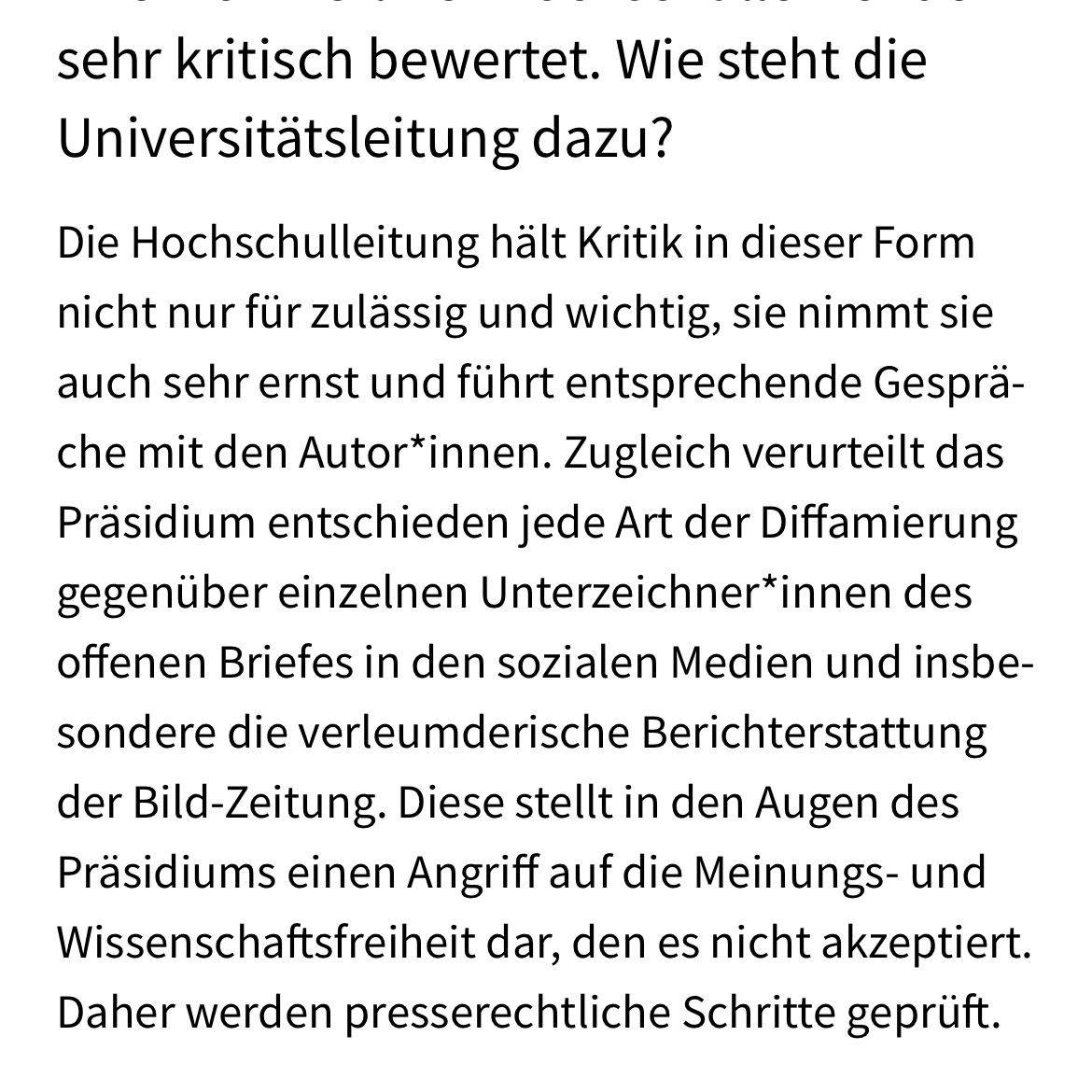 Sollte @BMBF_Bund @starkwatzinger @kaiwegner @SenBJF doch nachdenklich stimmen wenn @FU_Berlin Präsidium sich vor die Unterzeichner:innen des Briefes stellt & rechtliche Schritte gg die -von Ihnen befeuerte- Springer Hetzjagd prüft. #Wissenschaftsfreiheit fu-berlin.de/campusleben/ca…