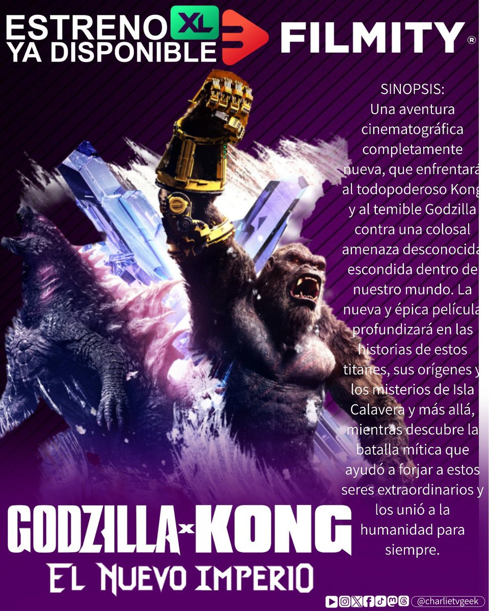 charlietvgeek's tweet photo. #ESTRENO XL
Solos caerán, juntos lucharán!
Revive la gran batalla de estos dos titanes contra un nuevo y gran enemigo desde la comodidad de tu hogar.
#GodzillaXKongElNuevoImperio ya disponible en #Filmity!
#FilmityLatam #CineEnCasa
#GodzillaXKongTheNewEmpire
#WarnerBrosPictures #Legendary