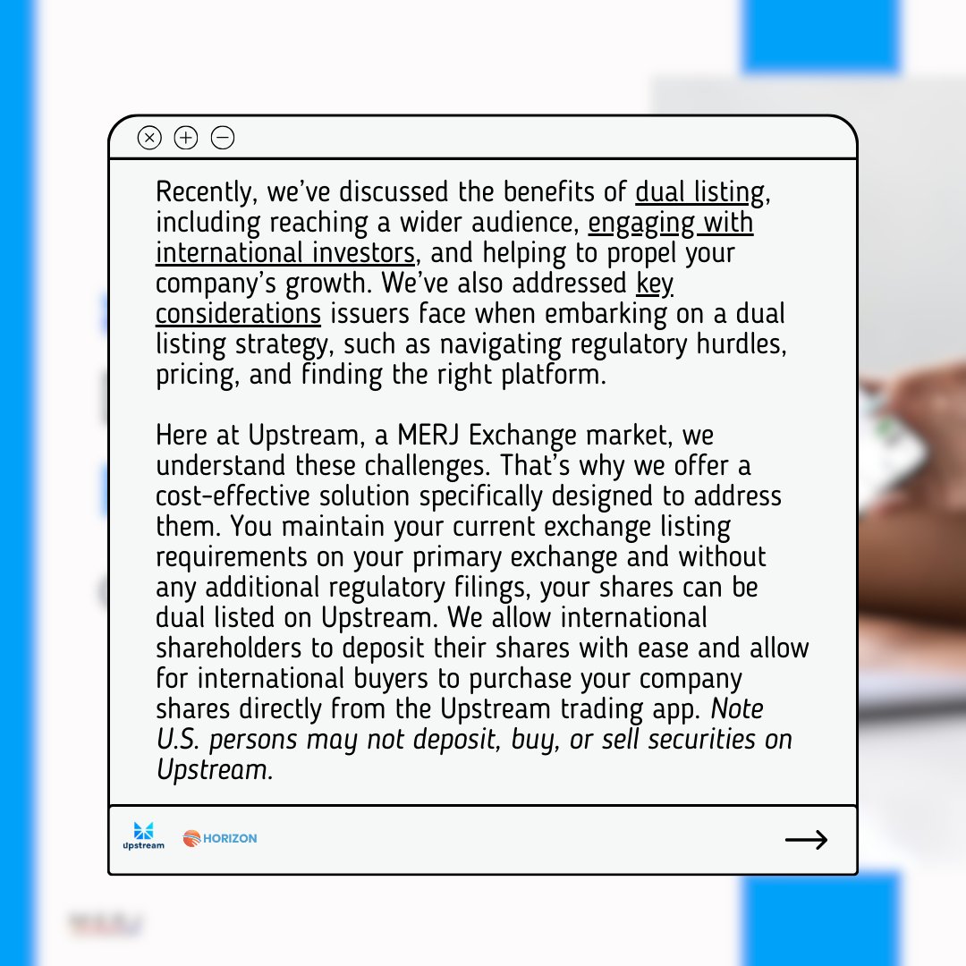 UpstreamXchange's tweet photo. ICYMI🗓️
Check out how to start the dual listing process on Upstream and globalize the opportunity to invest in exciting growth opportunities like yours in this week's blog: https://t.co/QLsGBsS8zV

#duallisting #upstreamexchange #globalinvestors https://t.co/Xy6k7FBGPm
