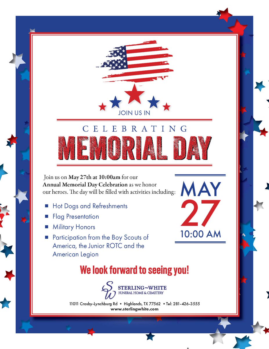 TOMORROW! Crosby High School's JROTC cadets and the Big Red Machine are performing at this community event on Monday. We hope to see you there. @CrosbyHigh @CrosbyBRM #MovingForward #MemorialDay