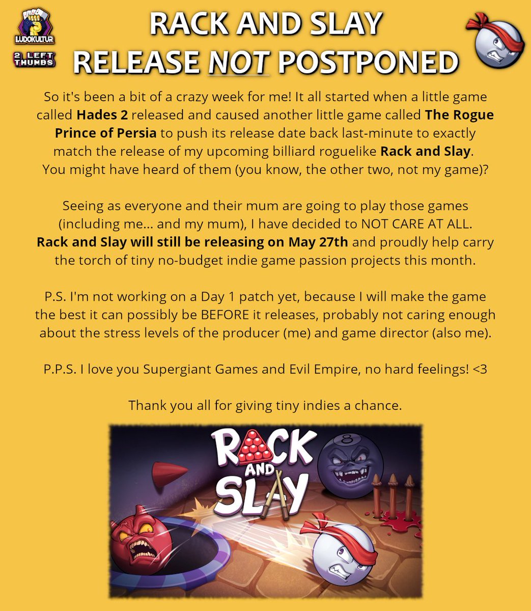 Fabian Fischer (@ludokultur) on Twitter photo In light of recent <a href="/Studio_Evil/">Evil Empire</a> and <a href="/SupergiantGames/">Supergiant Games</a> events, I have decided to... not do anything. May 27th is billiard #roguelike day! 🫣🎱
👉 s.team/a/2311990 In light of recent <a href="/Studio_Evil/">Evil Empire</a> and <a href="/SupergiantGames/">Supergiant Games</a> events, I have decided to... not do anything. May 27th is billiard #roguelike day! 🫣🎱
👉 s.team/a/2311990
