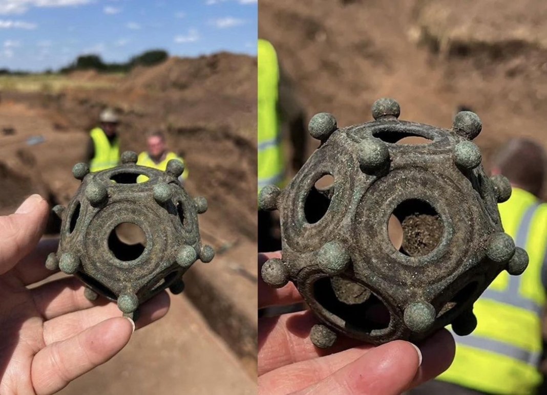 A 1700 year old  bronze 'Roman dodecahedron' unearthed in the summer of 2023, during an amateur dig in a farmer's field near the Lincolnshire Footage of Norton Disney; England.