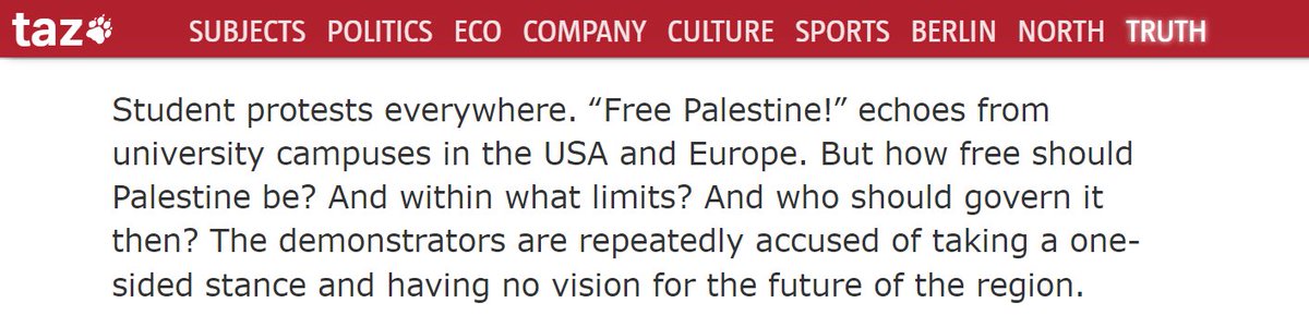 'But how free should Palestine be?': incredible opening paragraph from the TAZ (which, I repeat, is the most prominent 'leftist' newspaper in Germany) about the student protests for Palestine