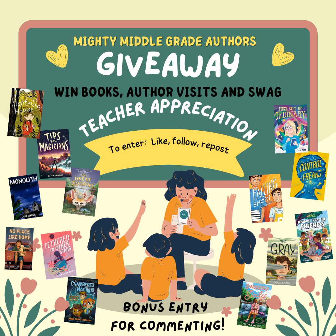 Hey #TeacherTwitter: enter our @mightyMGauthors #Giveaway!

Like + repost + follow for chance to win books, author visits, more. Bonus for comment!

Ends 5/15. US addresses only.

#educators #middlegrade #kidlit #WritingCommunity #writerscommunity #mglit #TeacherAppreciationWeek