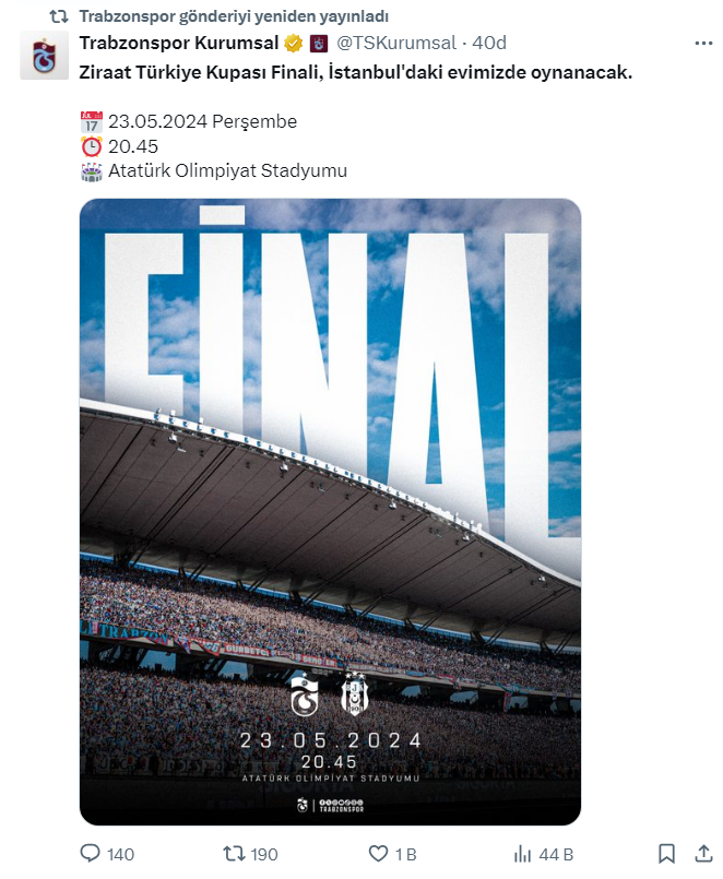 Trabzonspor, bugün yapmış olduğu kupa finali paylaşımını sildi.

Beşiktaş'ın armasına 3 yıldız ekleyerek yeni paylaşım yapıldı.