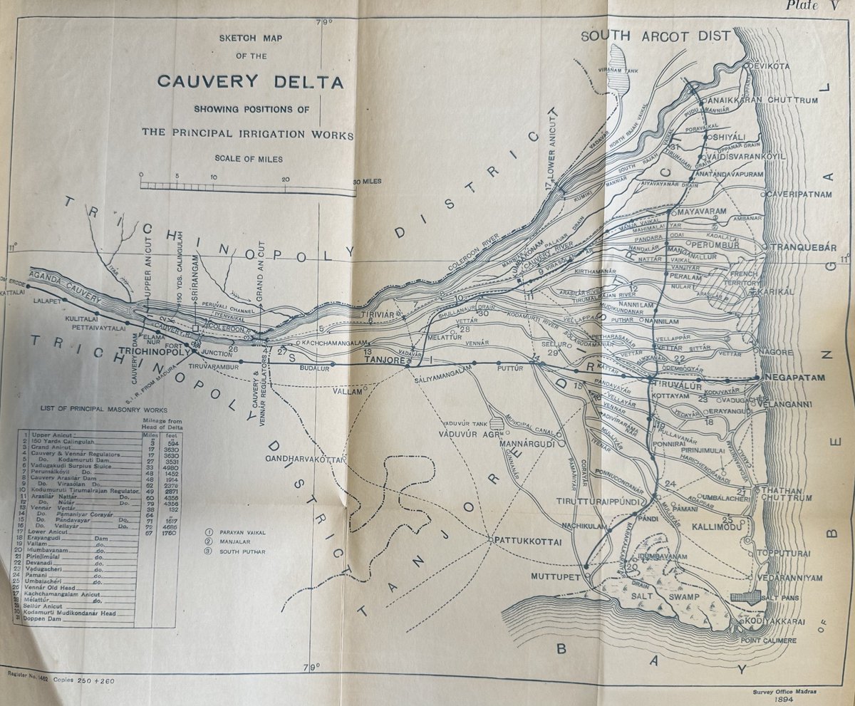 Check out this 1894 irrigation map of the Cauvery delta in India, showcasing the river's flow and principal masonry irrigation works. Created by the Survey office in Madras, it highlights Sir Arthur Cotton's engineering efforts. #MapMonday #Irrigation #Engineering #Cauvery #sasia