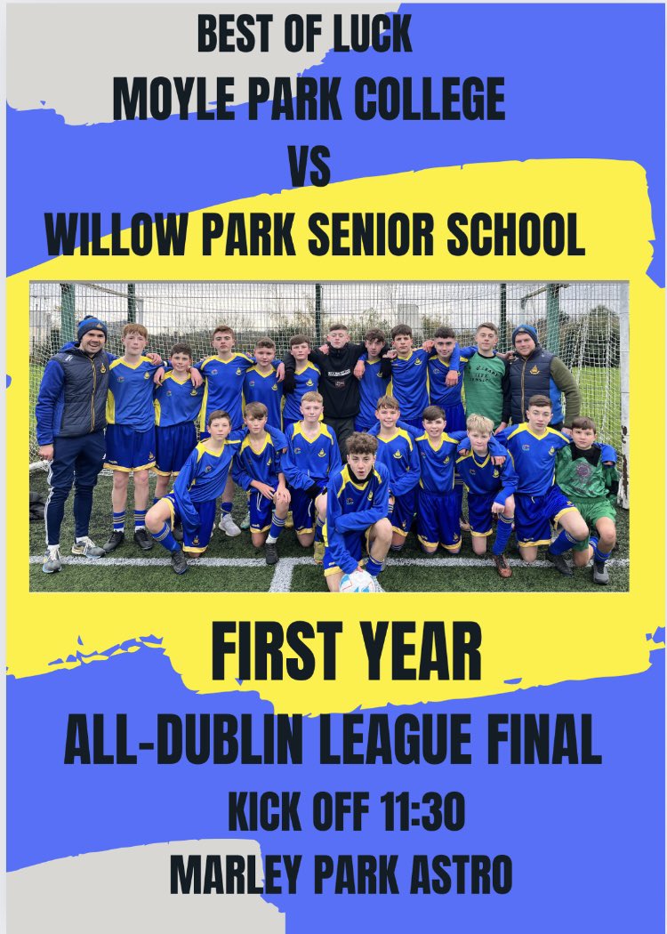 Best of luck to our First Year soccer team @moylepark who play Willow Park tomorrow in the All- Dublin League Final! @Gerry_Lee_ @CKinsella_Eng