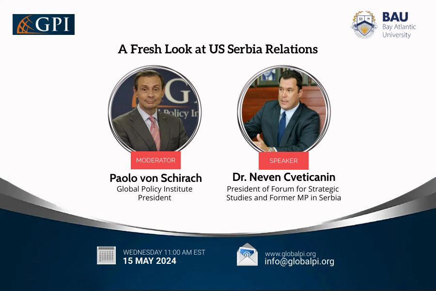 Join our guest speaker the president of @strat_studies and former MP in #Serbia Dr. @NevenCveticanin and GPI president @plschirach this Wednesday May 15 at 11:00 AM EST for a webinar on US Serbia Relations. Register at buff.ly/3UXYHo5 #GPI #BAU #FORST @bauintdc