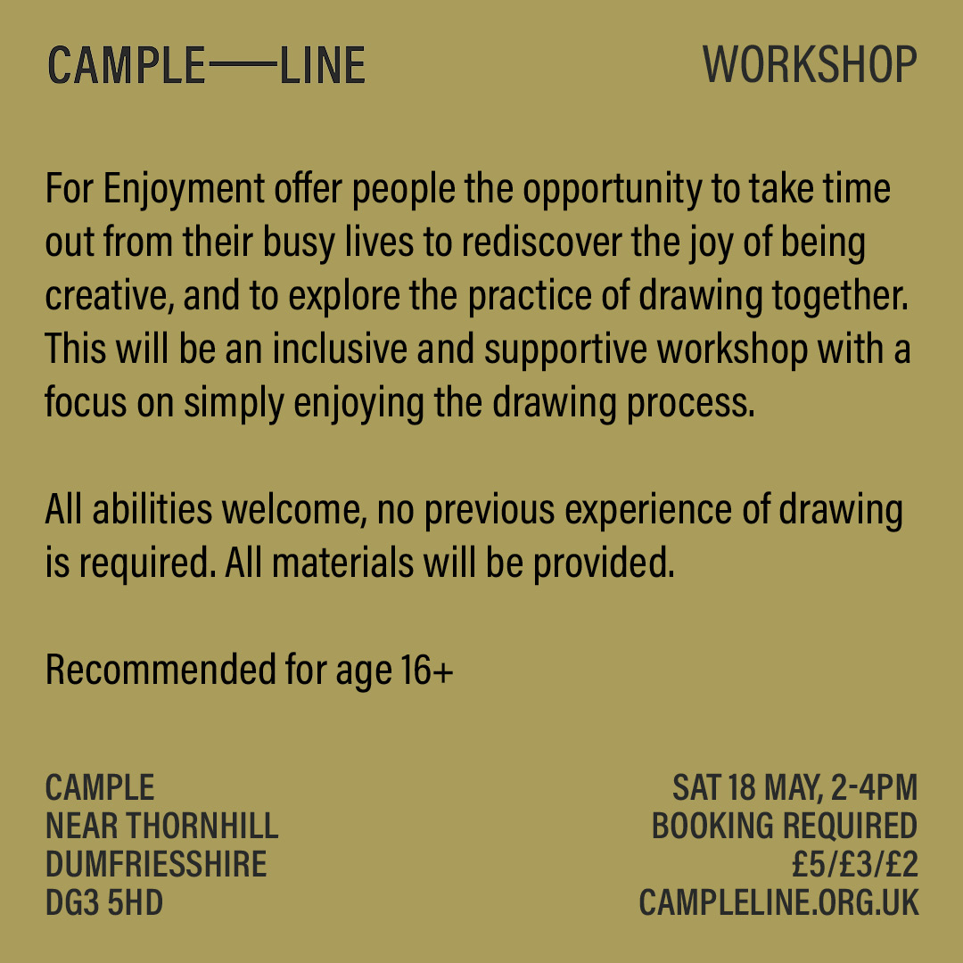 This Saturday at CAMPLE LINE! Join us for an inclusive and supportive workshop with a focus on simply enjoying the drawing process. No previous experience required, all materials + refreshments provided. Drawing for Enjoyment Sat 18 May, 2-4pm 🎟️ £5/£3/£2 - book via link in bio