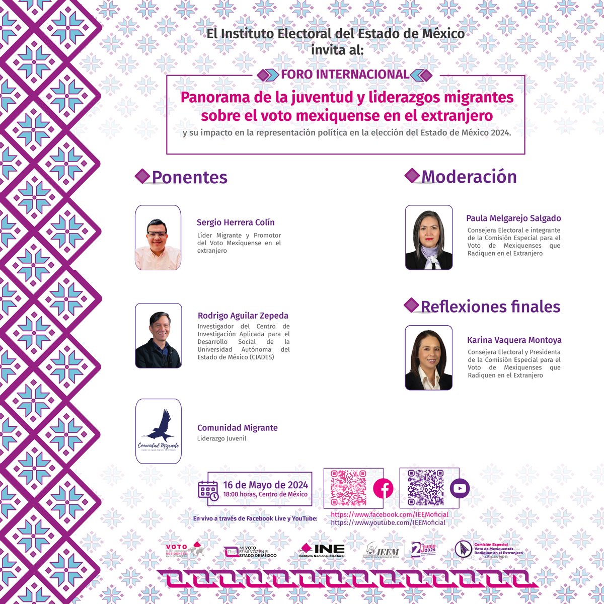IEEM_MX's tweet photo. El IEEM te invita a seguir el Foro Internacional “Panorama de la juventud y liderazgos migrantes sobre el voto mexiquense en el extranjero”.

🗓️ 16 de mayo, 18:00 hrs.

📡 https://t.co/QOZGwkxXOL https://t.co/EvAuylkicX