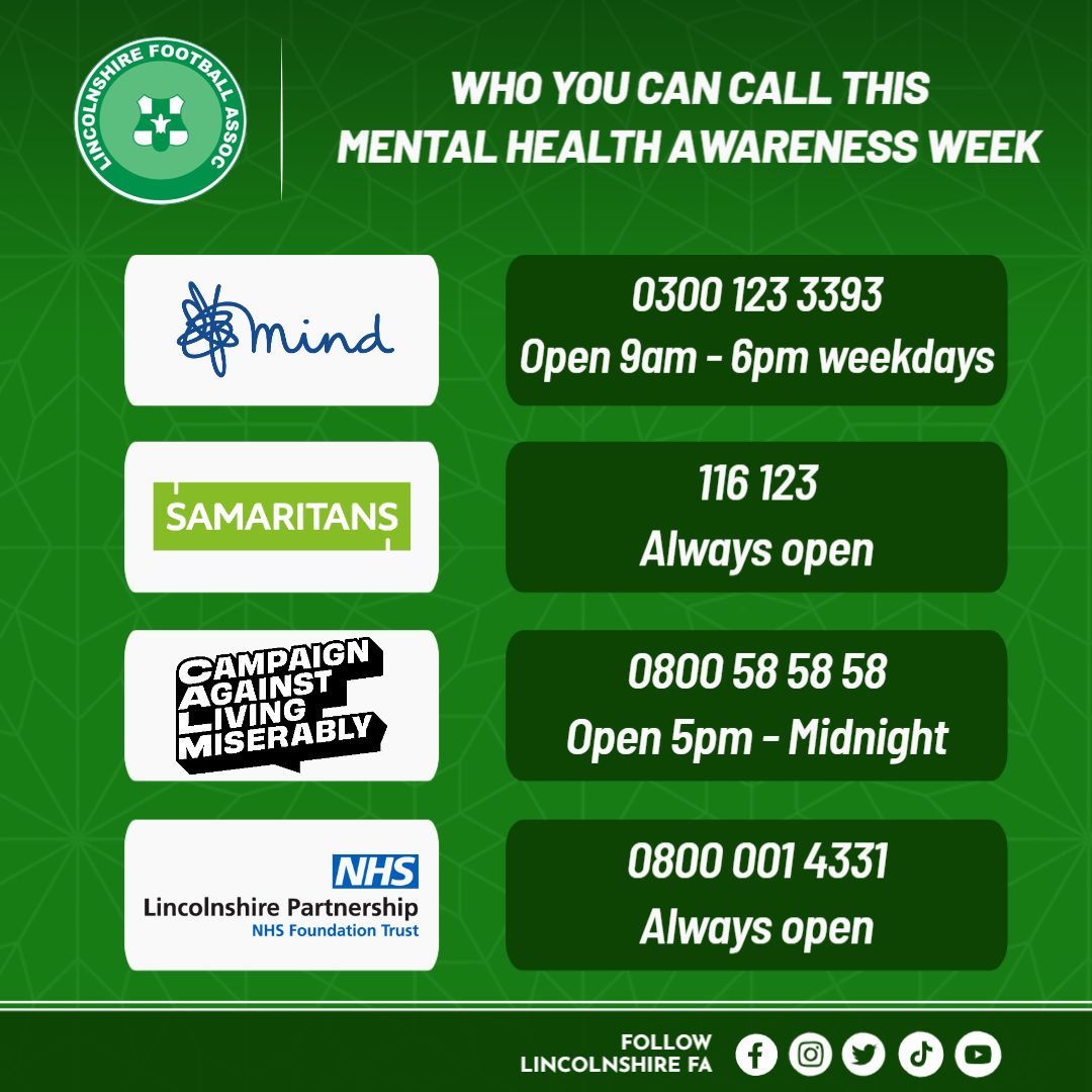 Sometimes, awareness isn’t always enough 💚 If you’re needing a little support, whether it's Mental Health Awareness Week or not, here’s who to call ☎ You can find more details on our Mental Health Hub ⬇ lincolnshirefa.com/safeguarding/m…