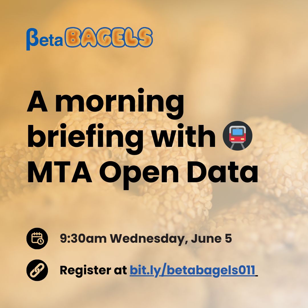BetaNYC's tweet photo. Grab your bagels, itโs #BetaBagels time! ๐ฅฏ ๐ ๐
Join BetaNYC and the @MTA Open Data team on June 5th at 9:30am to explore recently published MTA operating budget datasets.
Register at https://t.co/zA7khlsSWO ๐
#mta #opendata #civictech #publicinteresttech #transittech https://t.co/UaEZZPTosu