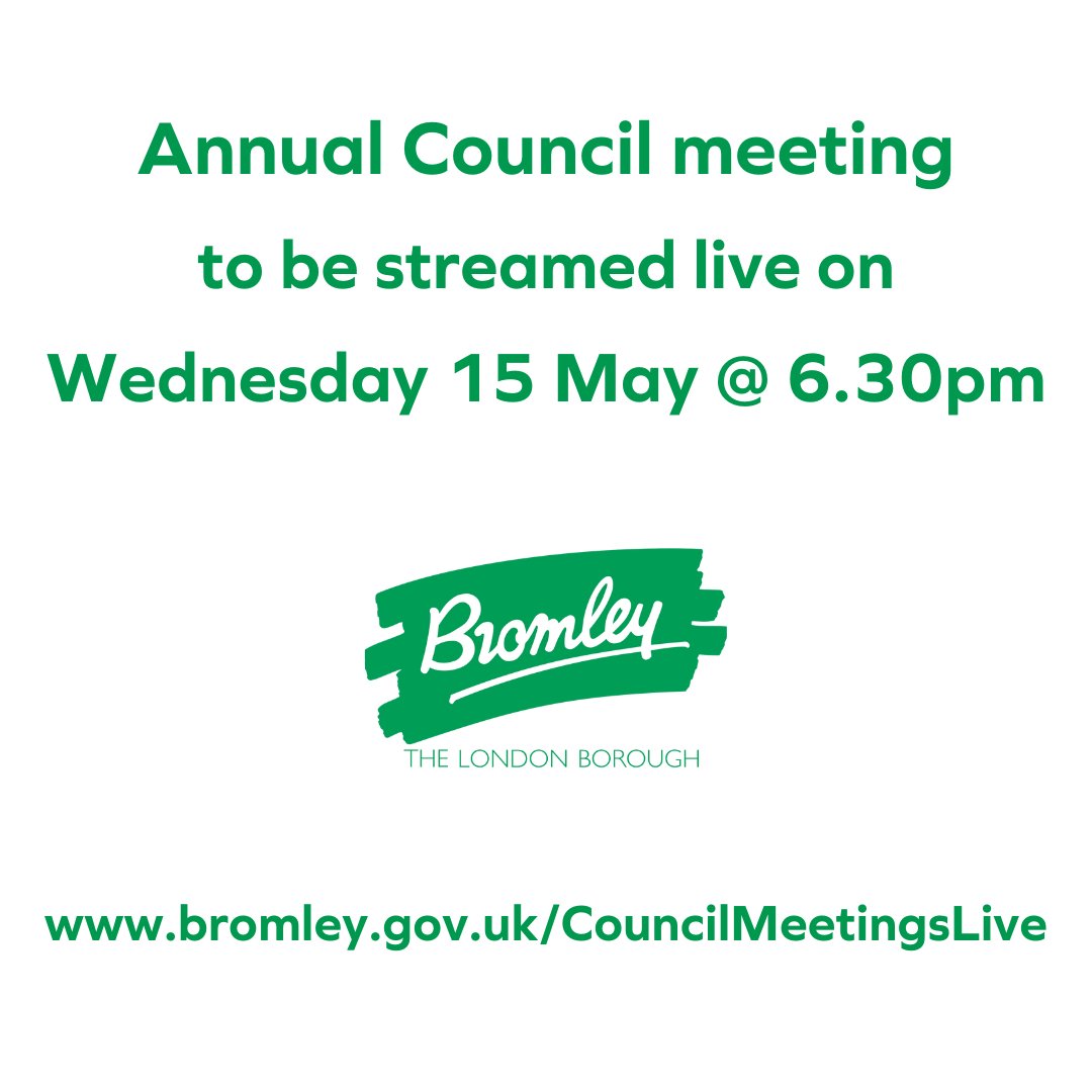 The Annual Council meeting on Wednesday, 15 May, at 6.30pm, is being live streamed. The agenda is already published and available by visiting bromley.gov.uk/CouncilMeeting…