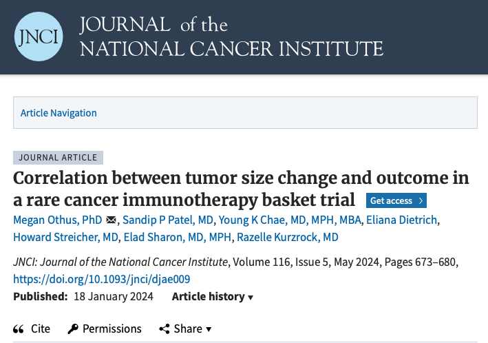 Just Out by our Partners at @SWOG Quantitative changes in tumor measurement according to RECISTv1.1 exhibit a linear correlation with PFS and OS up to a 4⃣0⃣% to 5⃣0⃣% increase in tumor size in patients with rare cancers undergoing combo immune checkpoint blockade in @SWOG