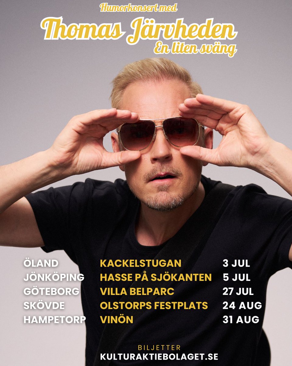 Kolla det blir ”En liten sväng” i sommar!!
En LITEN sväng pga behöver semester själv, men kommer ge JÄRNET extra mkt på dessa fem humorkonserter!😎 Hoppas vi ses!
Sommarbiljetterna hittas på kulturaktiebolaget.se/boka-artist/th…
#enlitensväng

(Höstens turné ligger på sverigesroligastekonsert.se)
