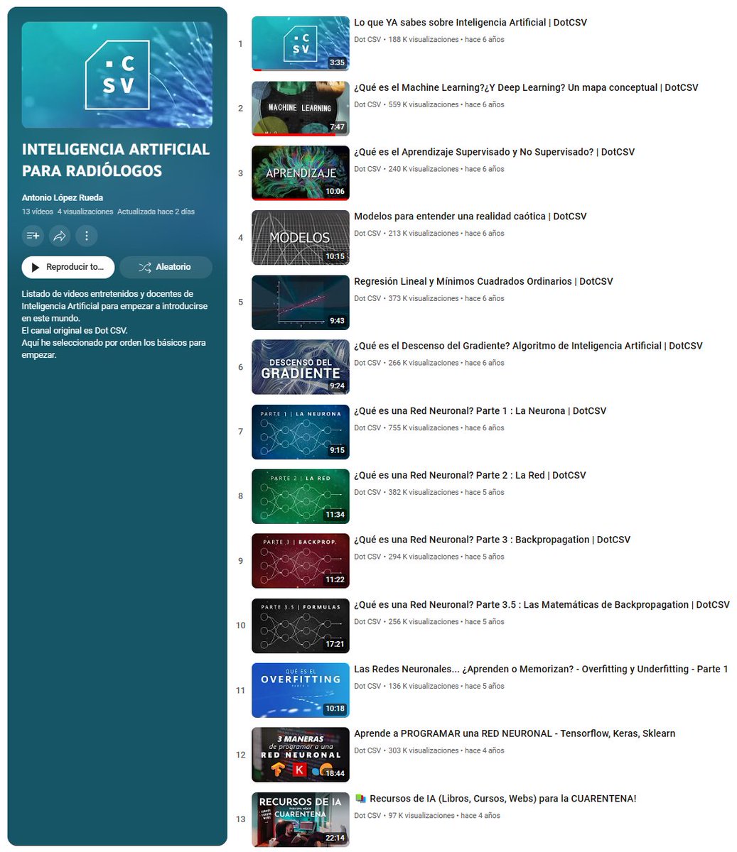 AntonioLR81's tweet photo. He hecho una lista de reproducción de @YouTube con una selección de videos de @DotCSV para que os iniciéis en #InteligenciaArtificial de una forma entretenida y sin morir en el intento.

https://t.co/0tucskOd1Z

Nos vemos en #SERAM2024! https://t.co/utF5TDD331