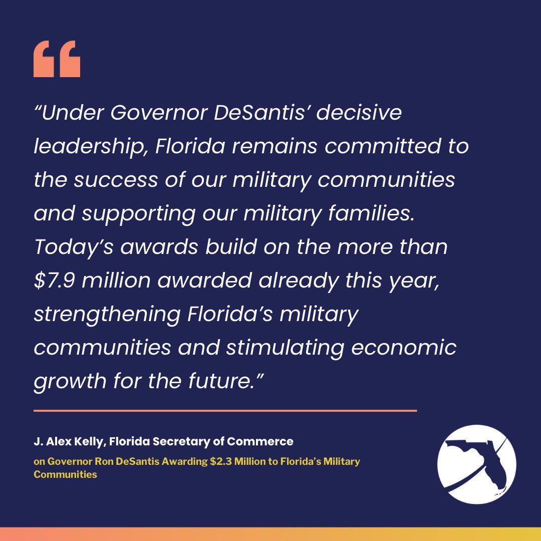 ICYMI: Governor Ron DeSantis Awards $2.3 Million to Florida’s Military Communities. Press release >> bit.ly/4bAjgMH