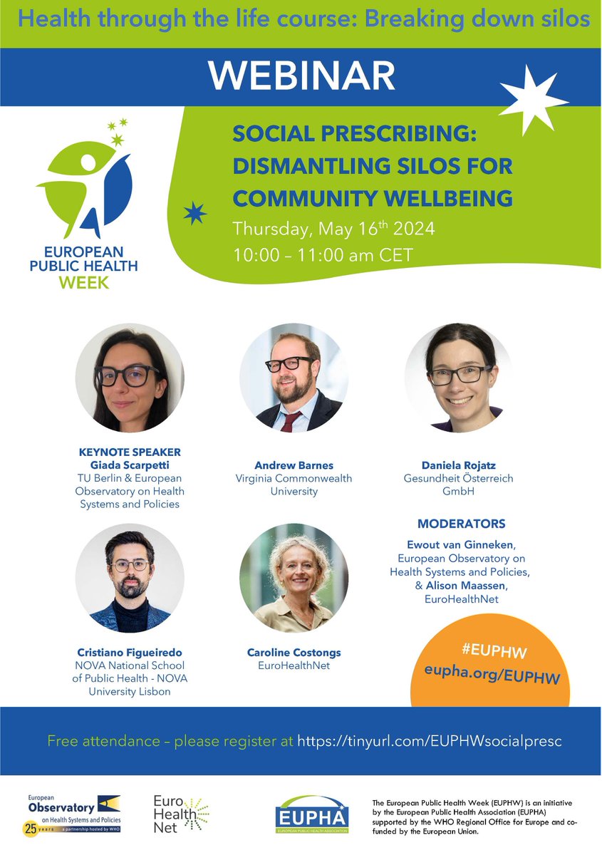 #EUPHW webinar 🗓️ 16 May 10:00-11:00 CET 💡 Join our webinar with @EuroHealthNet to find how social prescribing can enhance #wellbeing through addressing non-medical causes of illness & strengthening person-centred & community-based care. 📌 eurohealthobservatory.who.int/news-room/even… @EUPHActs