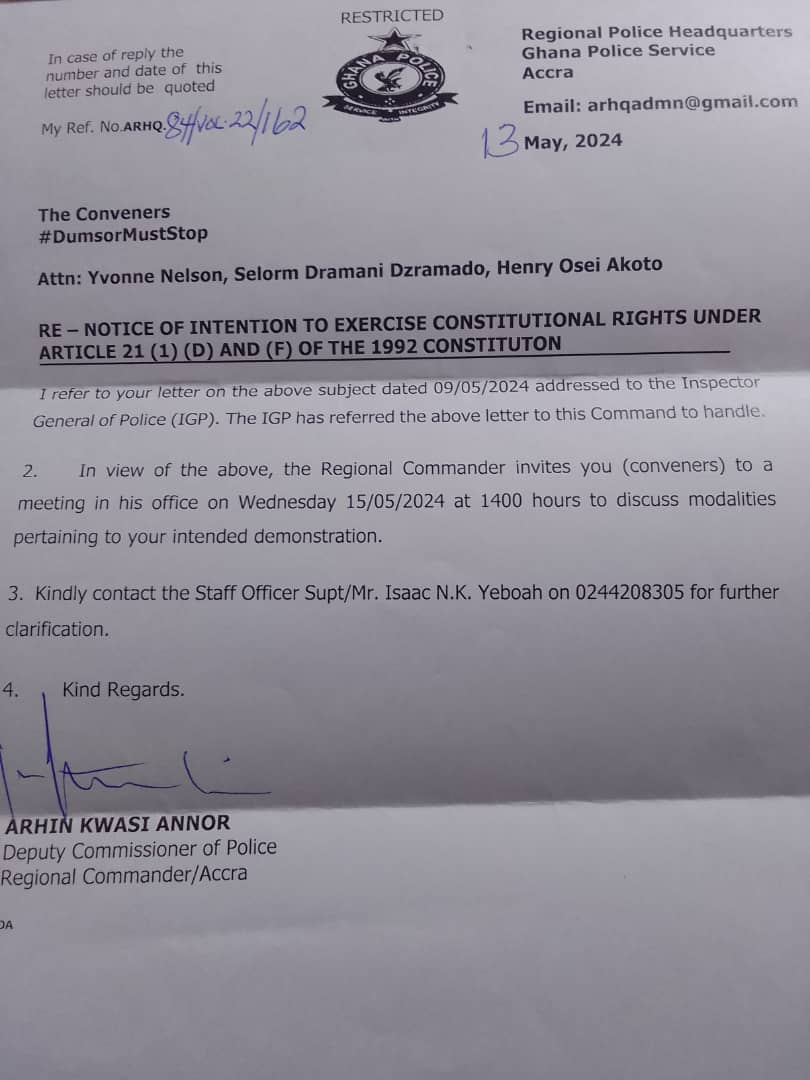 Regional Police Commander invites Yvonne Nelson and team to a meeting in his office on Wednesday, 15th May 2024 to discuss modalities pertaining to their planned Dumsor Must Stop demonstration...  

#GHOneNews #GHOneTV #DumsorMustStop