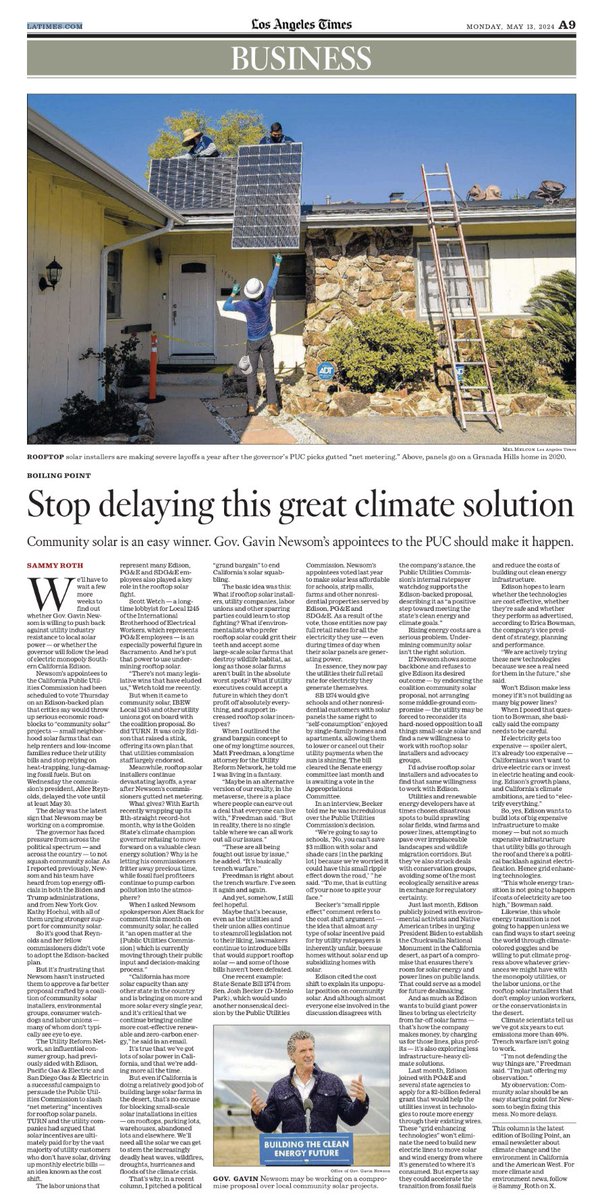 In today’s @latimes: My story calling on Gov. Gavin Newsom’s appointees to embrace small local “community solar” farms, instead of endorsing a utility industry proposal that critics say would squash them: latimes.com/environment/ne…