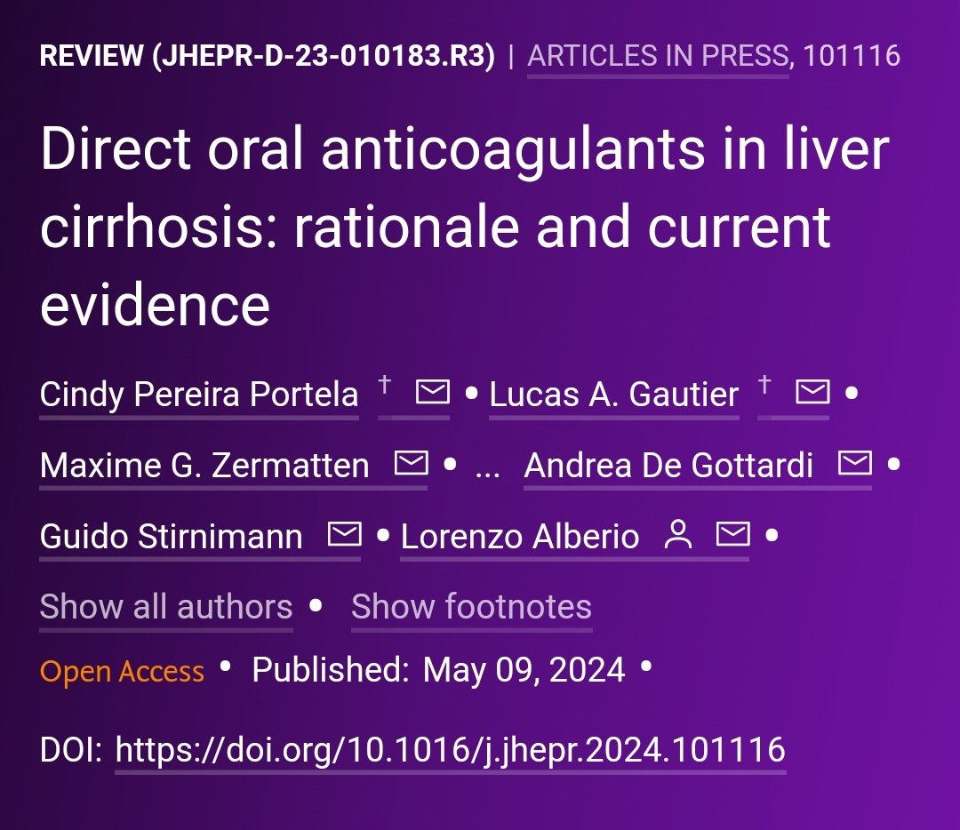 🟪NEW Article in press❕ Direct oral anticoagulants in liver cirrhosis: rationale and current evidence 🔓#OpenAccess at 👉jhep-reports.eu/article/S2589-… #LiverTwitter #cirrhosis