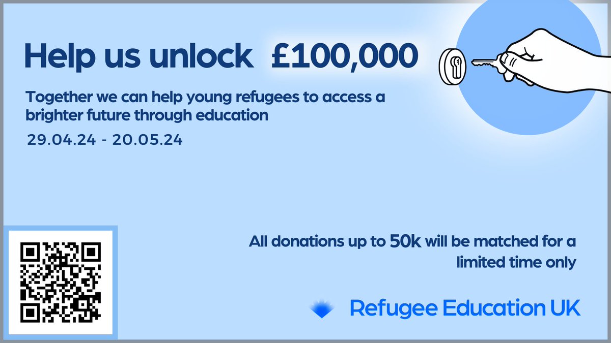 There's only ONE WEEK left of our match giving campaign! 📢 A gift from you right now will have double the impact in helping young refugees access the education they need to unlock a brighter future. All donations doubled for a limited time! 🩵 shorturl.at/hmIOX