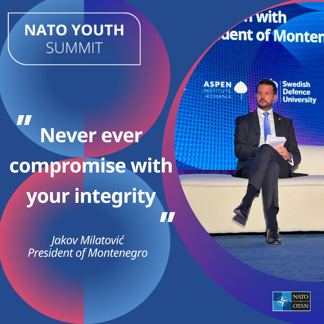 Addressing the future generation of decision makers in Miami, 🇲🇪 President @JakovMilatovic asked the #NATO Youth Summit audience what the Alliance should look like on its 100th anniversary and gave his advice to the young leaders