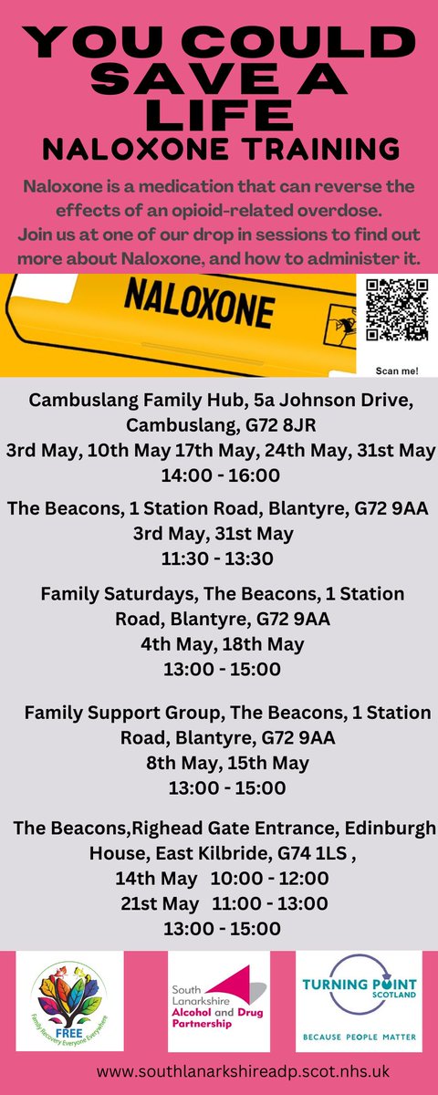 Drop-in Naloxone training, and take home Naloxone kits are available tomorrow at East Kilbride The Beacons @SouthBeacons. This is open to all the community 10am - 12pm . No pre booking required. ⬇️⬇️⬇️