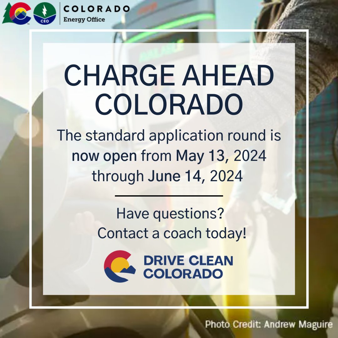 The <a href="/COEnergyOffice/">Colorado Energy Office</a>'s #ChargeAheadColorado standard application round is now open through June 14. Do you want to see EV chargers at your workplace, business, apartment, or condo? Contact your ReCharge Coach today for application support: drivecleancolorado.org/recharge-color…