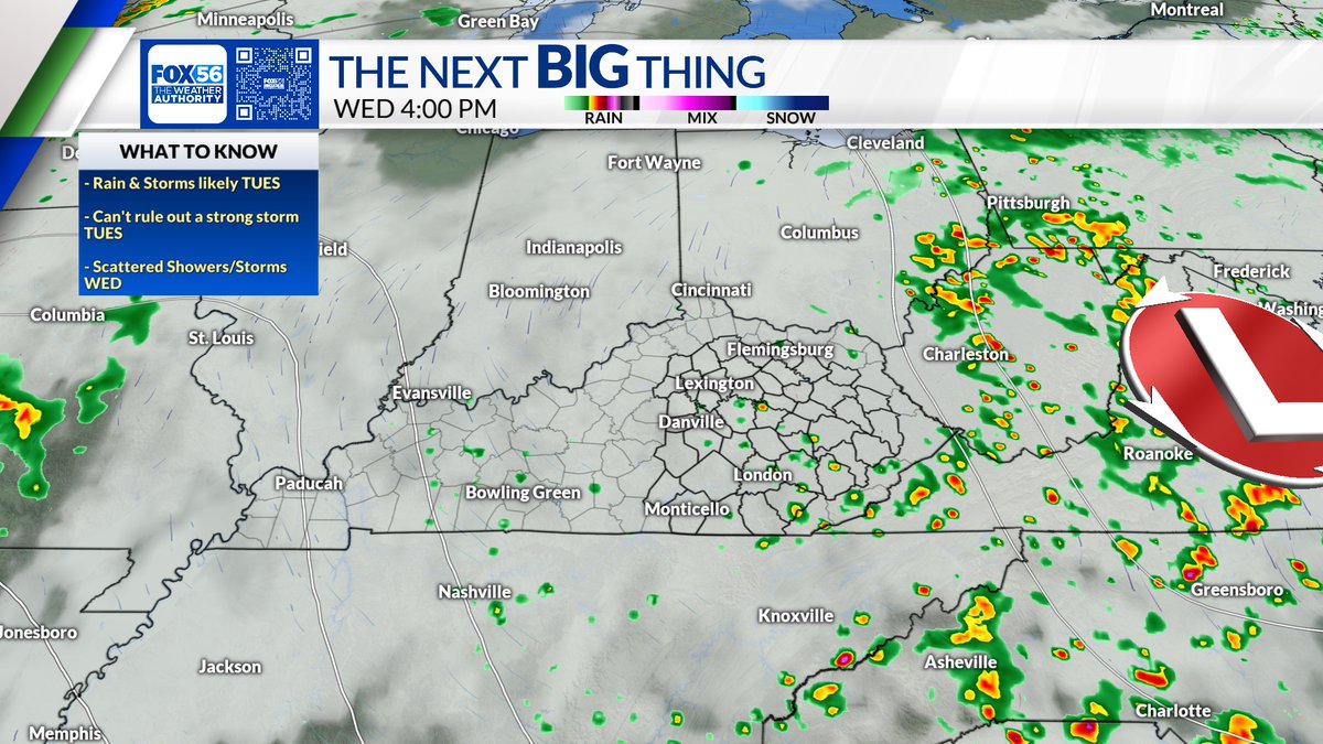 Rain and storms are likely on Tuesday as a cut-off low pressure spins toward Kentucky. A strong storm or two can't be ruled out Tuesday afternoon. Scattered showers and storms still possible on Wednesday as the low pulls away. #TheNextBigThing #kywx @fox56news