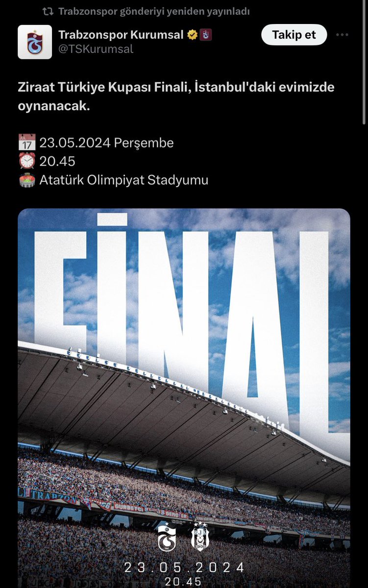 😂 Trabzonspor, Beşiktaş’ın yıldızsız logosuyla yaptığı final paylaşımını silerek, yıldızlı logoyla yeniden paylaştı.