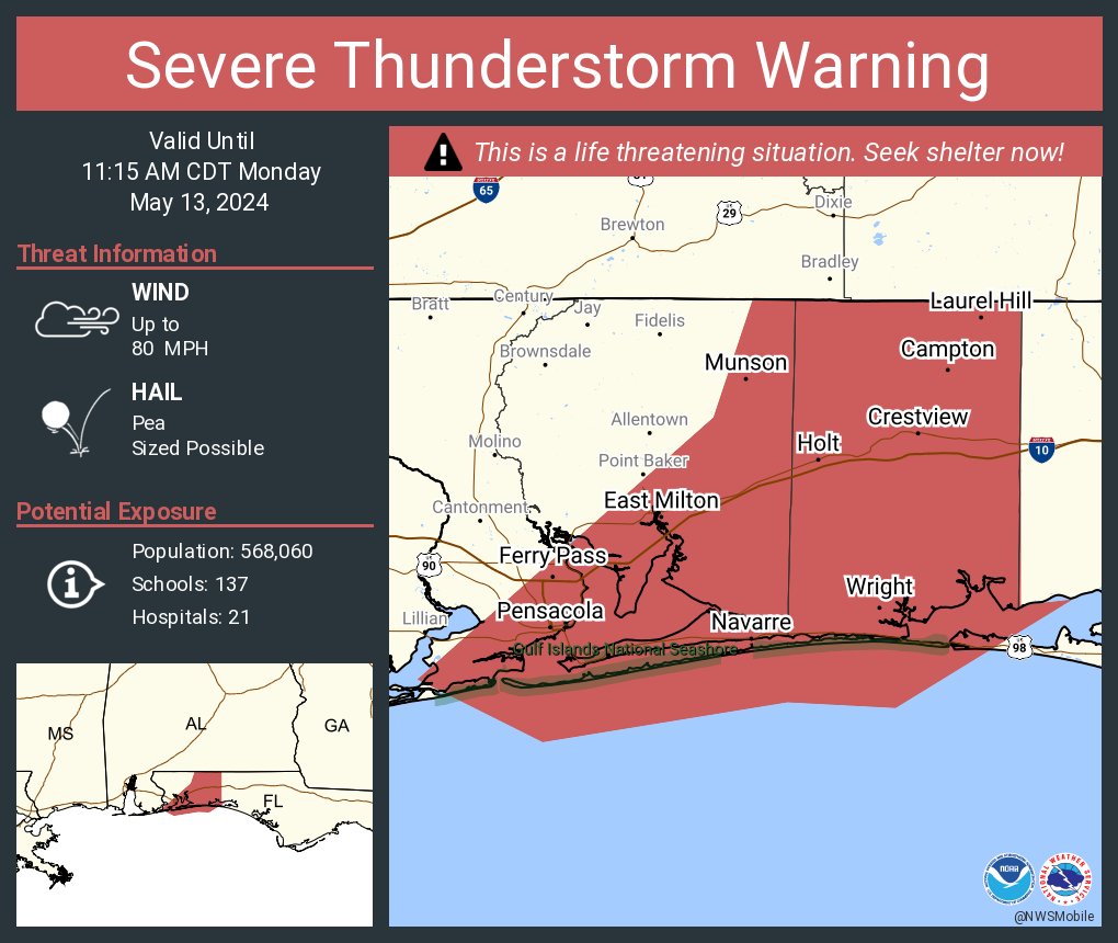 NWSMobile's tweet photo. Severe Thunderstorm Warning including Pensacola FL, Navarre FL and  Ferry Pass FL until 11:15 AM CDT. This destructive storm will contain wind gusts to 80 MPH! https://t.co/qFlQXjItjk