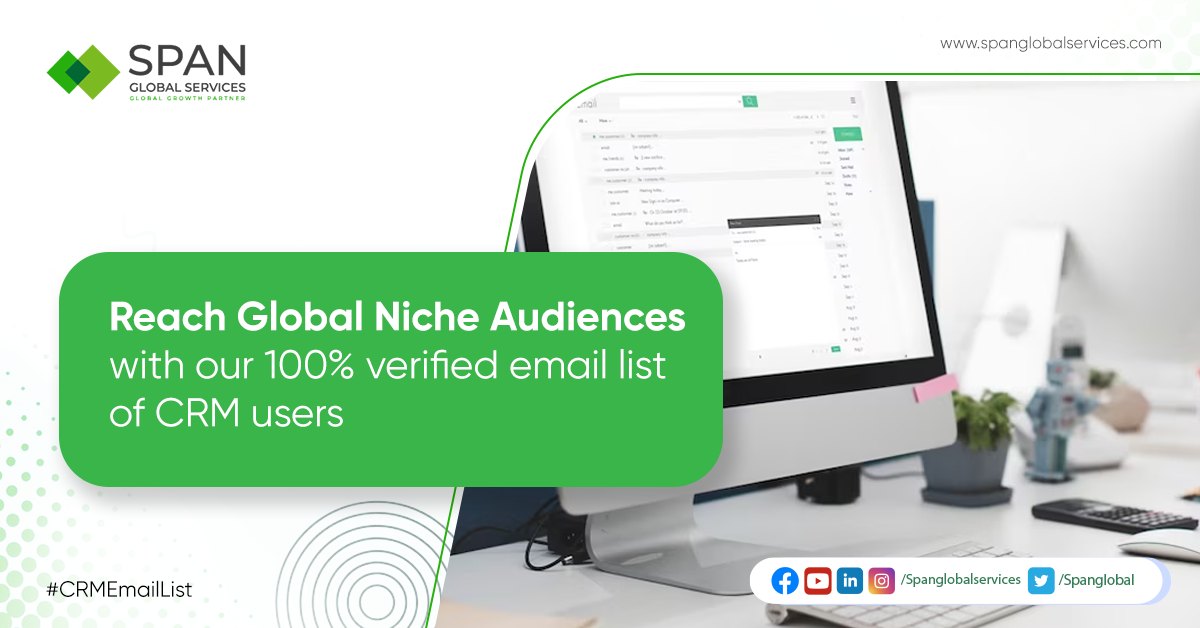 Get in touch with your niche audience across the globe using accurate and dynamic email lists of #CRM users from #SpanGlobalServices. Our expert data scientists verify data collected from legitimate sources. Visit bit.ly/3sdpYHb to know more. #CRMUsers #EmailList #Data