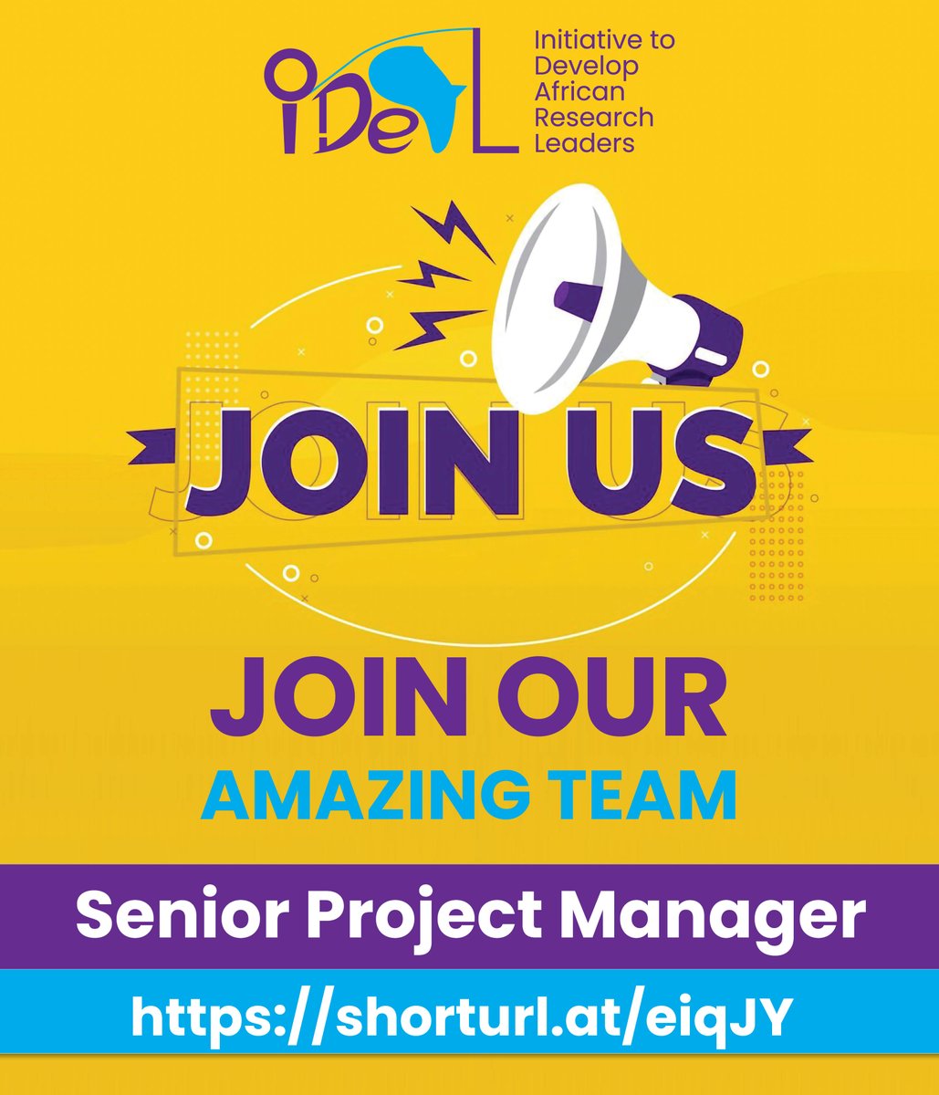 Open positions at the Initiative to Develop African Research Leaders.
Role: Senior Project Manager 
Apply Now: shorturl.at/eiqJY
Application Deadline: 27 May 2024
Share Widely