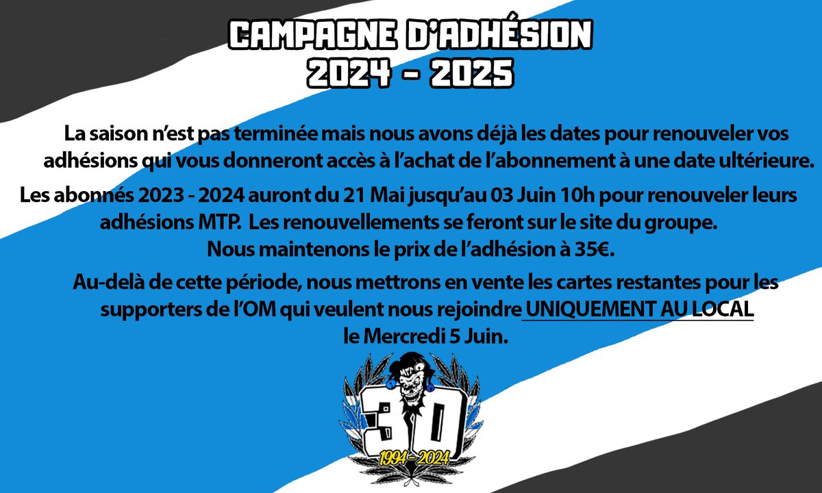 Toutes les informations nécessaires concernant la campagne d'adhésion 2024/2025 ! mtp-1994.com EN ROUTE VERS NOS 30 ANS D'HYSTÉRIE COLLECTIVE !