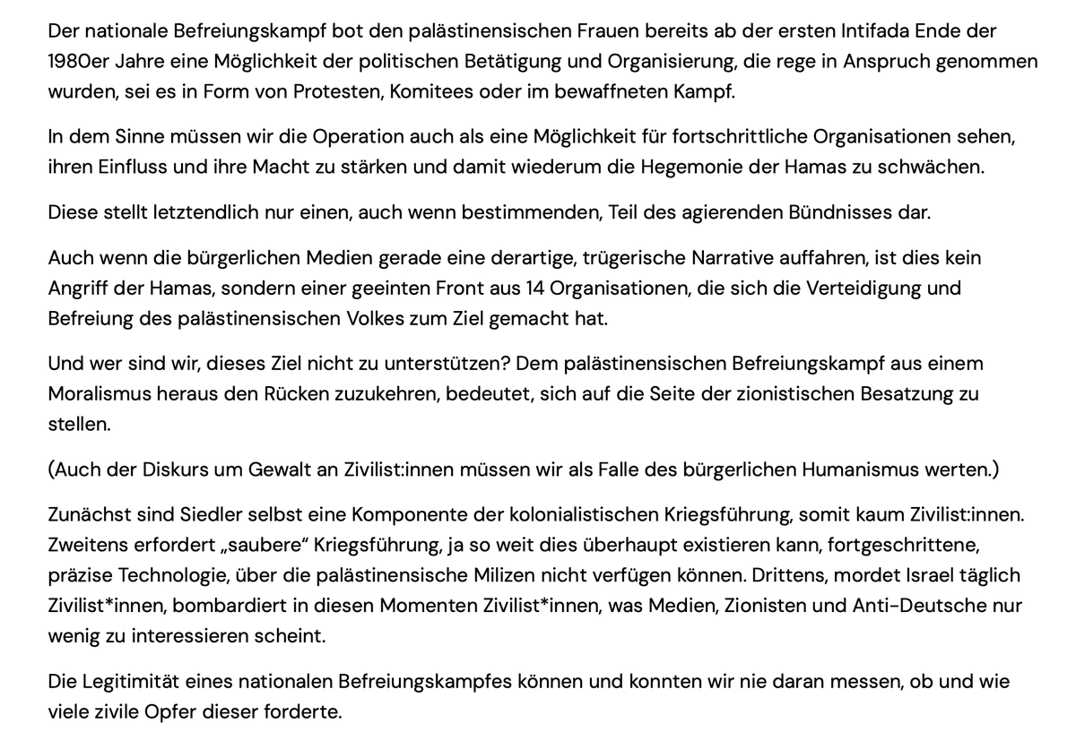 Was Herr Kaube zitiert, ist Satire von der taz. Keine Satire: Die Stellungnahme zum Angriff am 7. Oktober (»die Operation«) der feministischen »Zora«-Gruppe, die etwa an der FU Berlin immer wieder zu Pro-Palästina-Demos aufruft.