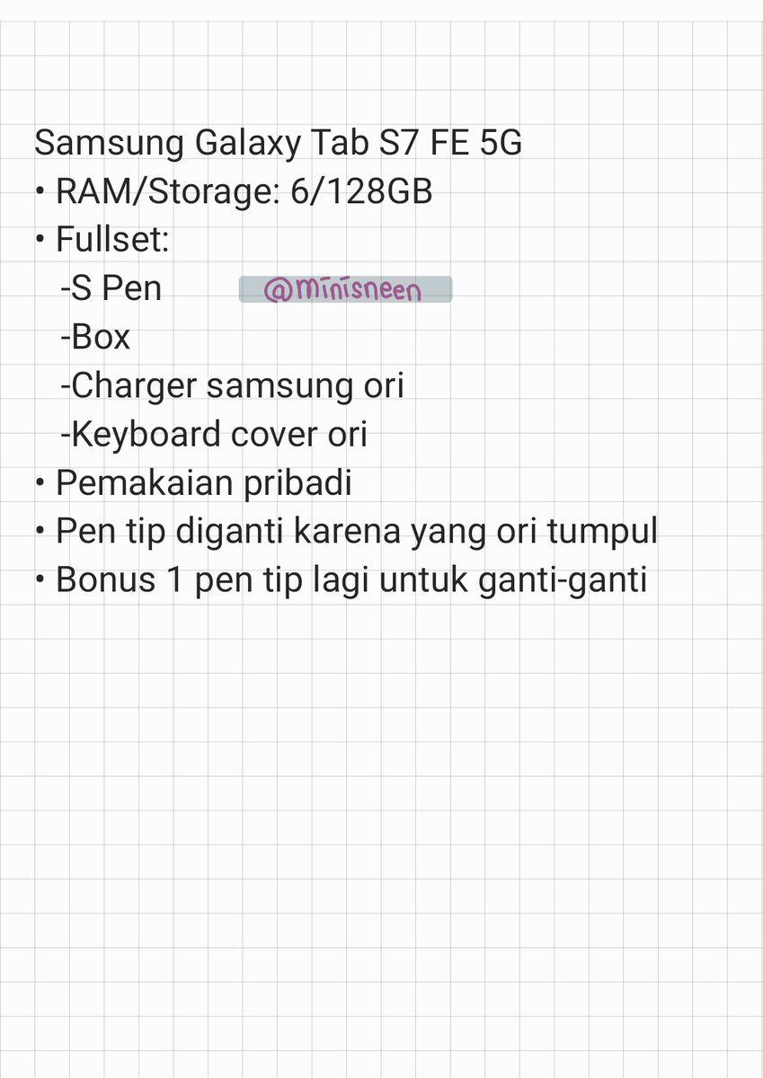 minisneen's tweet photo. wts, dijual tablet
Samsung Galaxy Tab S7 FE 5G 6/128GB
• Good condition, fullset
💰prefer cod
📍tangerang, jakarta, sekitarnya yg masih terjangkau
• Bisa nego

Dm for price or detail
#zonauang #wts #second #samsung #tab #s7fe https://t.co/rccuidVeUH