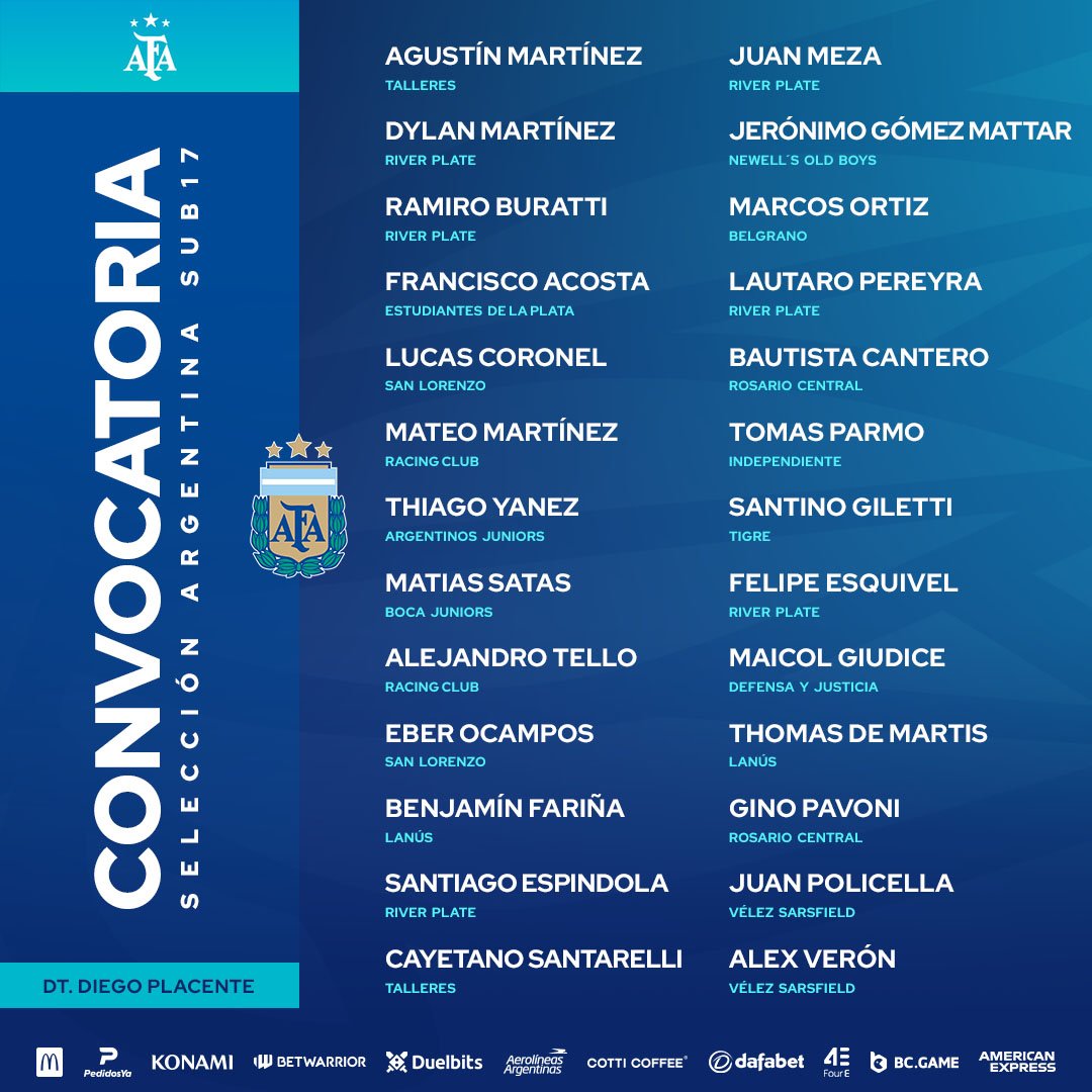 #Sub17 Lista de convocados por Diego Placente para los próximos amistosos.

⚽ En Ezeiza, @Argentina se medirá mañana ante Bolivia y el jueves frente a Paraguay.

📝acortar.link/TnMnXH