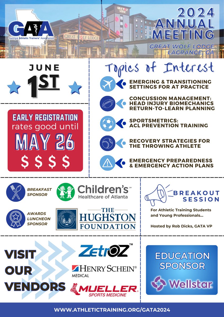 Have you registered to attend GATA 2024? If not there is still time. We have some great speakers in the lineup, and we are excited to see everyone at the Great Wolf in June! Registration link and hotel info are available at athletictraining.org/GATA2024. #GATA2024