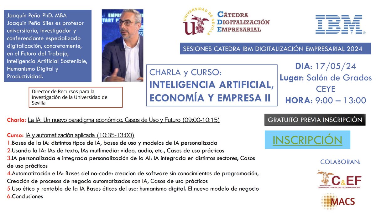 ๐๐จ๐๐ช๐ฎ๐ข๐ง ๐๐รฑ๐ ๐๐ก๐. (@joaquin_pena) on Twitter photo El prรณximo 17/5 impartirรฉ un curso introductorio sobre #InteligenciaArtificial en los negocios con la Cรกtedra de Digitalizaciรณn Empresarial de <a href="/IBM/">IBM</a> de la <a href="/unisevilla/">Universidad de Sevilla</a> 
El curso es gratuito y abierto a profesionales y comunidad universitaria. 
Inscripciรณn:dighumi.org/taller-de-inteโฆ El prรณximo 17/5 impartirรฉ un curso introductorio sobre #InteligenciaArtificial en los negocios con la Cรกtedra de Digitalizaciรณn Empresarial de <a href="/IBM/">IBM</a> de la <a href="/unisevilla/">Universidad de Sevilla</a> 
El curso es gratuito y abierto a profesionales y comunidad universitaria. 
Inscripciรณn:dighumi.org/taller-de-inteโฆ