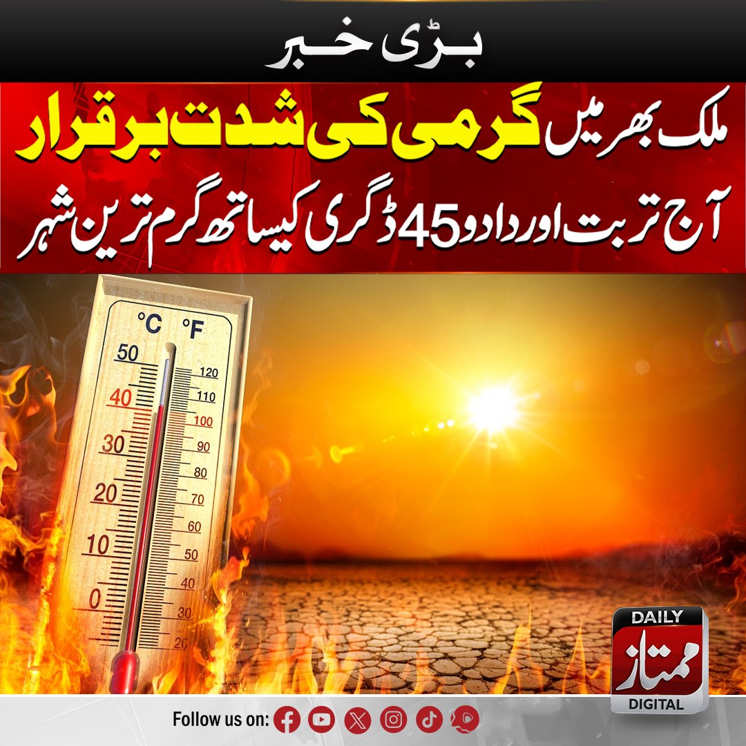 ملک بھر میں گرمی کی شدت برقرار ، آج تربت اور دادو 45 ڈگری کیساتھ گرم ترین شہر
#Heatwave #warmweather #WeatherAlert #weatherinpakistan #lattestnews #topnews #trendingnow #virals