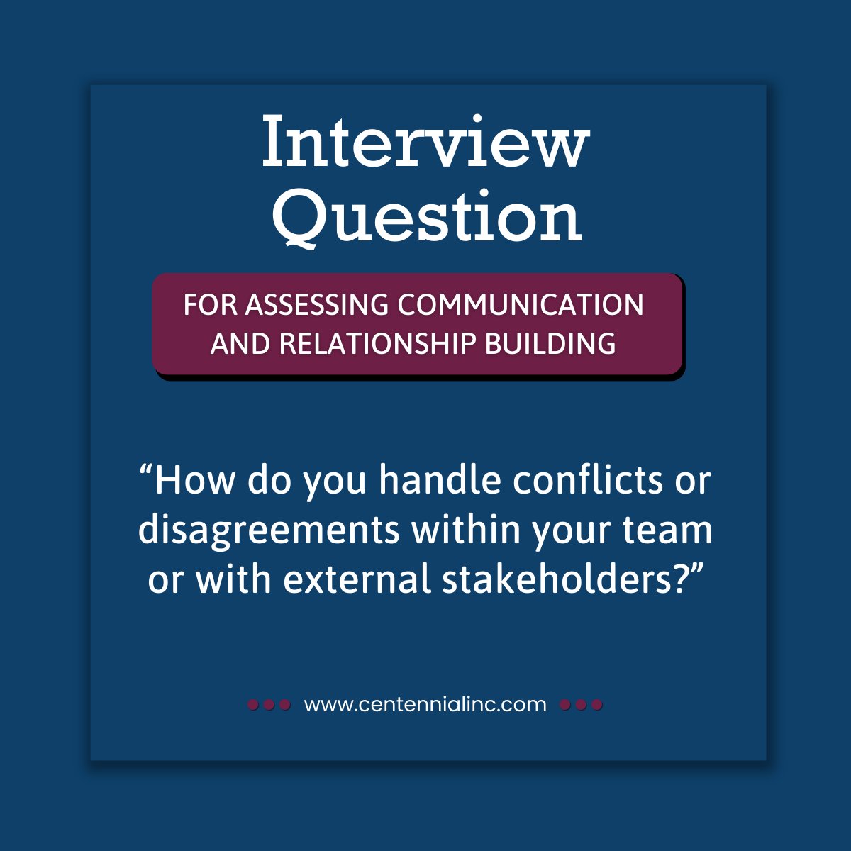Centennialinc's tweet image. We ask interview questions with our clients' specific needs in mind, but here is a good interview question for any leader.
Find more here: centennialinc.com/interview-ques…

#recruiting
#interviewquestions