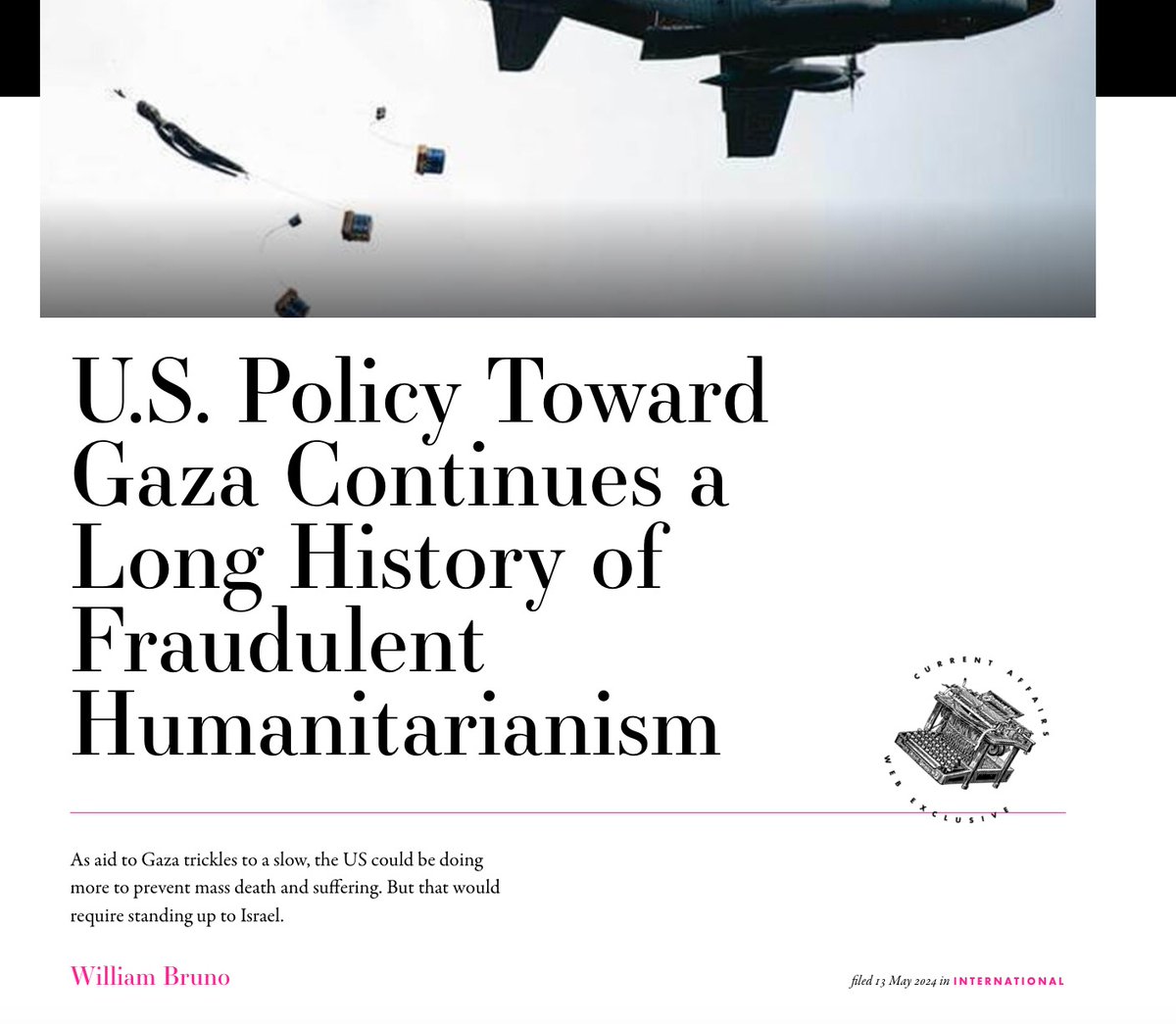 Today in Current Affairs: the US has a long history of professing humanitarian motives while in fact supporting oppression, and our policy toward Gaza is consistent with that precedent currentaffairs.org/2024/05/u-s-po…